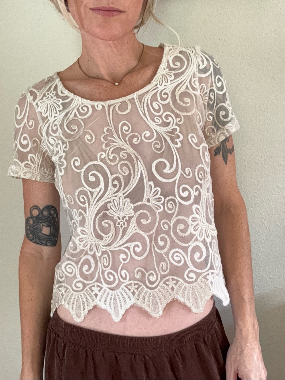 Vintage Y2K Charlotte Russe Sheer Mesh Top Ivory Floral Scroll Lace Fairy Boho